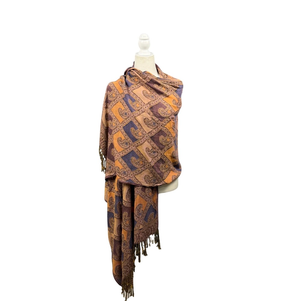 Paisley Shawl Wrap Womens Brown Purple Orange Woven Pashmina Scarf Fringe Boho
